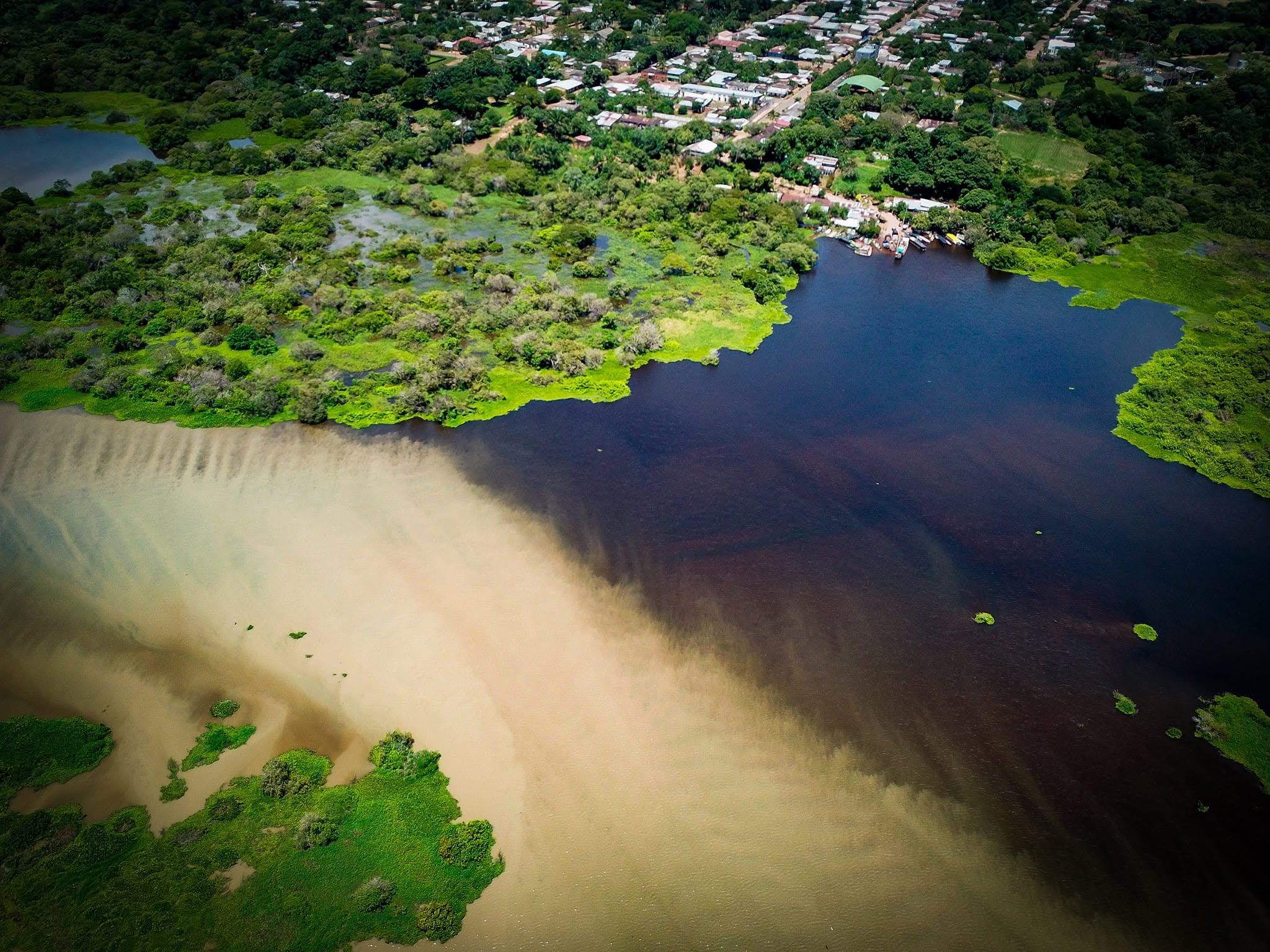 Las bocas de la laguna en el río Meta, vistas desde lo alto: agua oscura, arena clara y monte.