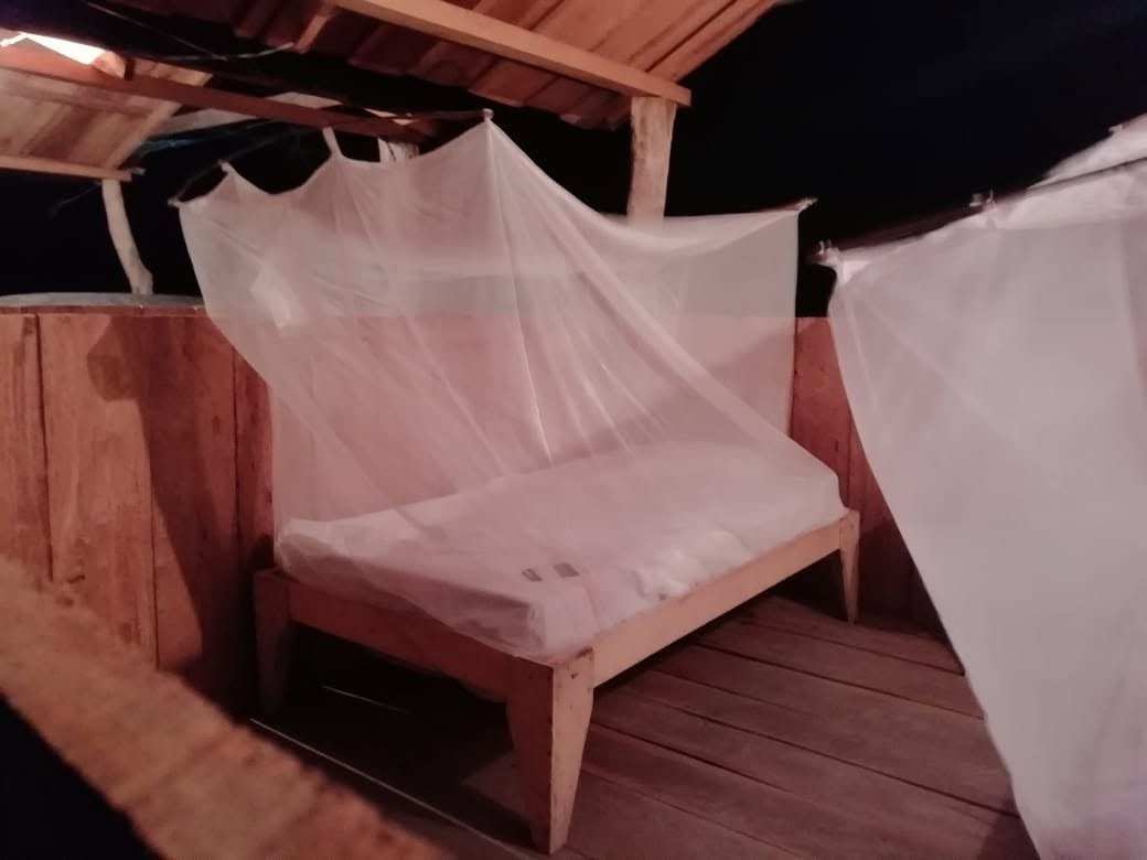 Cama con toldillo blanco dentro de una cabaña de madera.