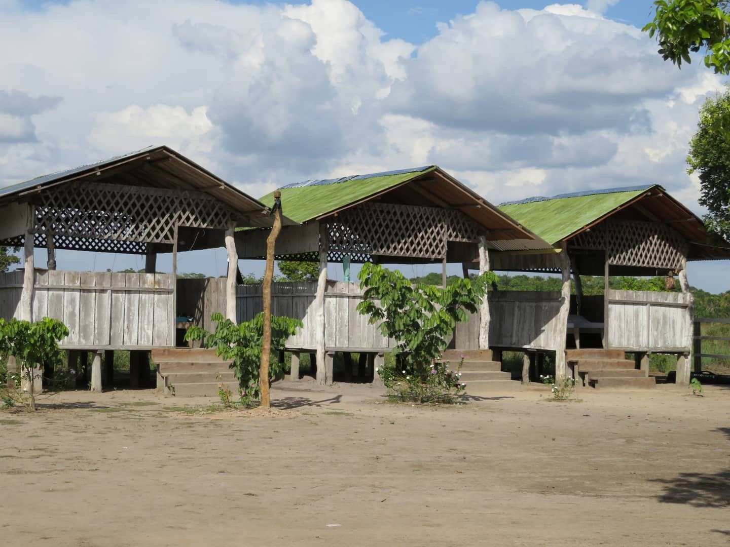Fila de cabañas de madera con techo a dos aguas, a pleno sol.
