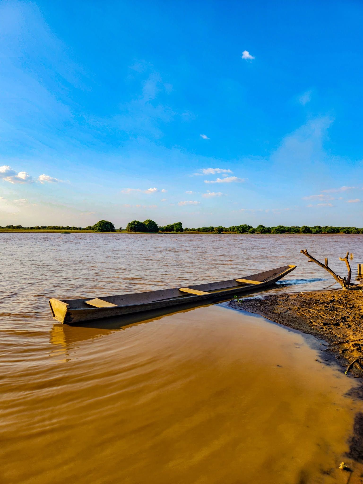 Una canoa sola en la orilla de agua café.