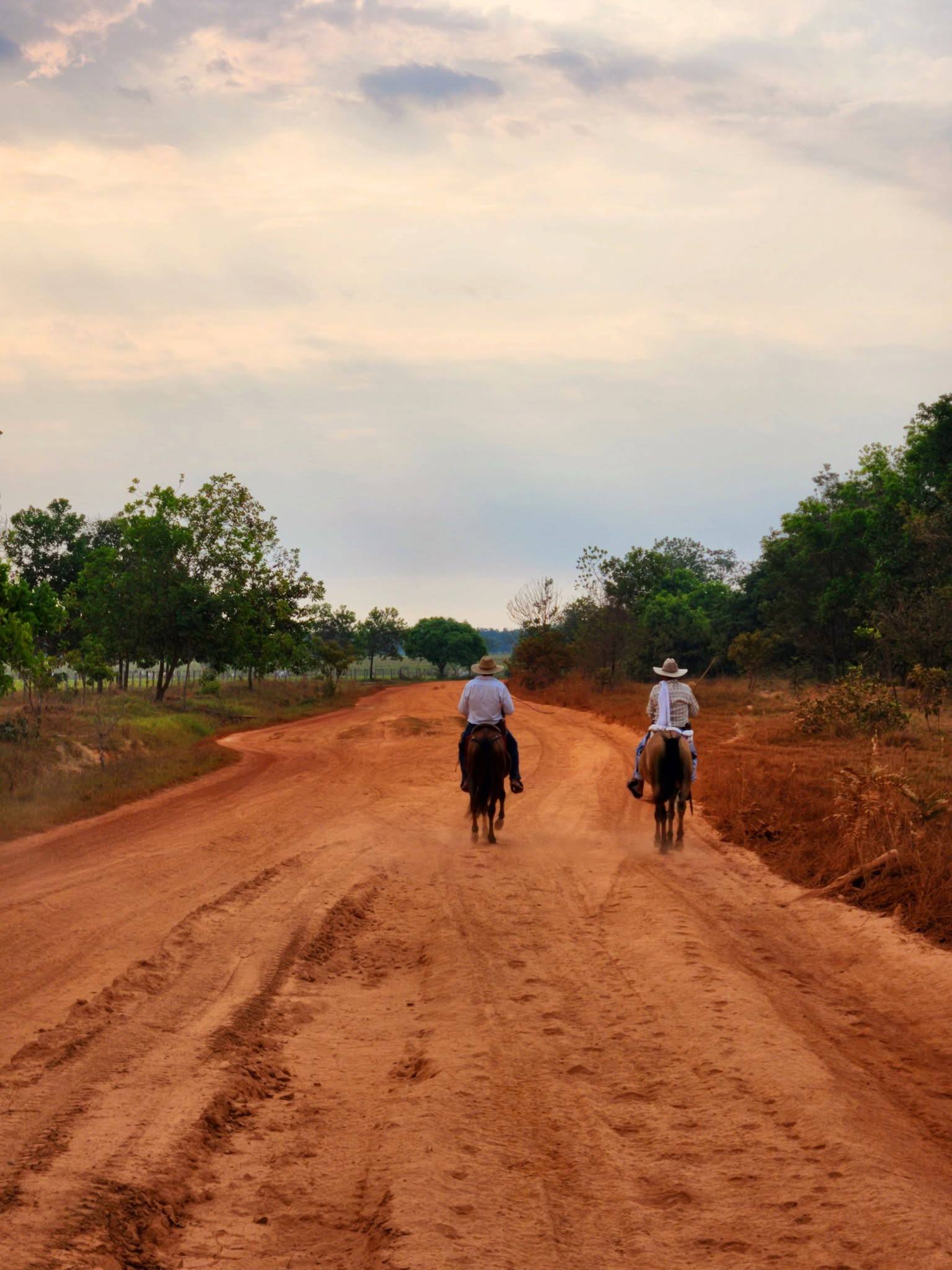 Dos jinetes por un camino rojo al atardecer.