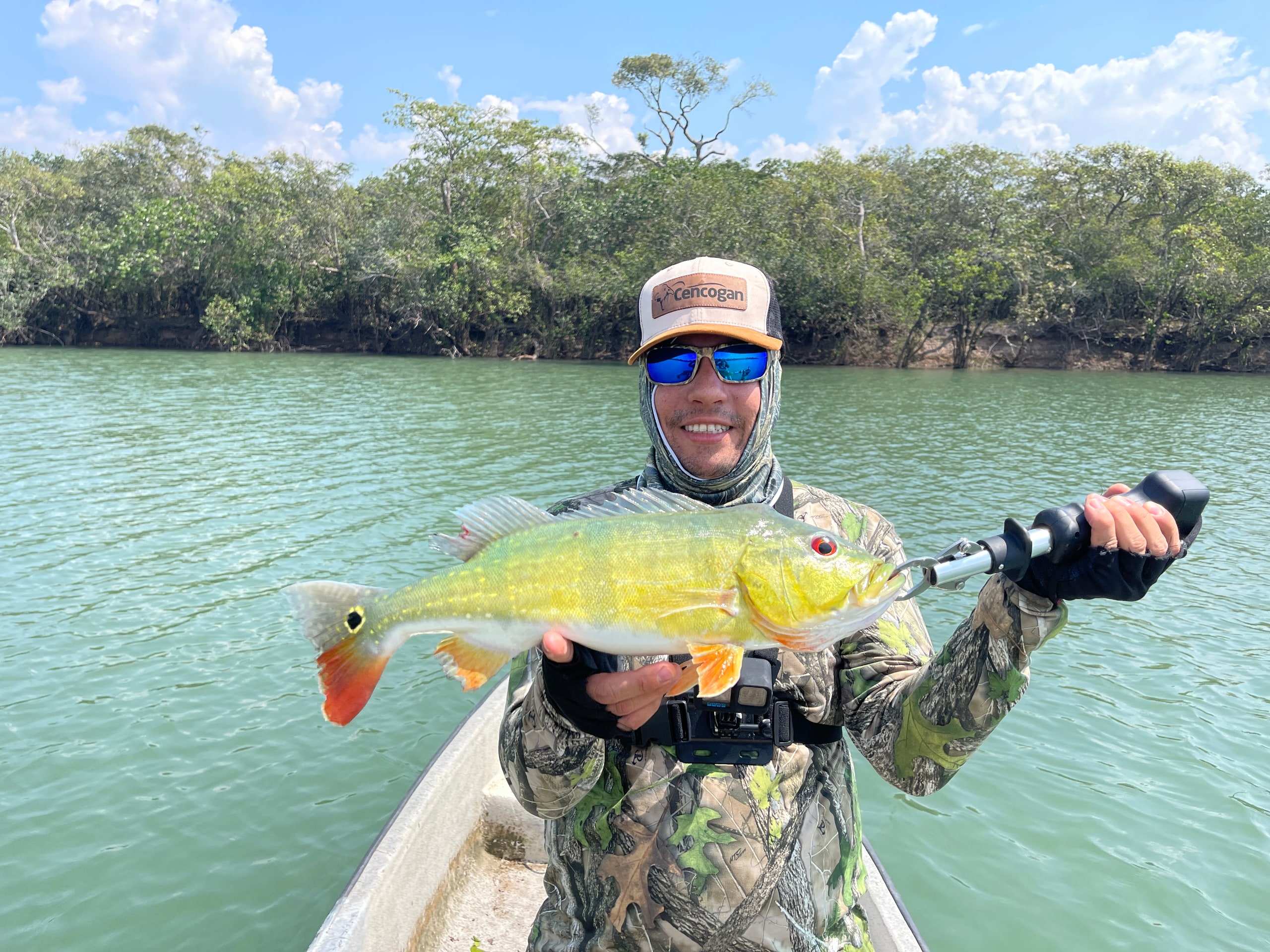 Pescador en la lancha muestra un pavón sobre agua verde.