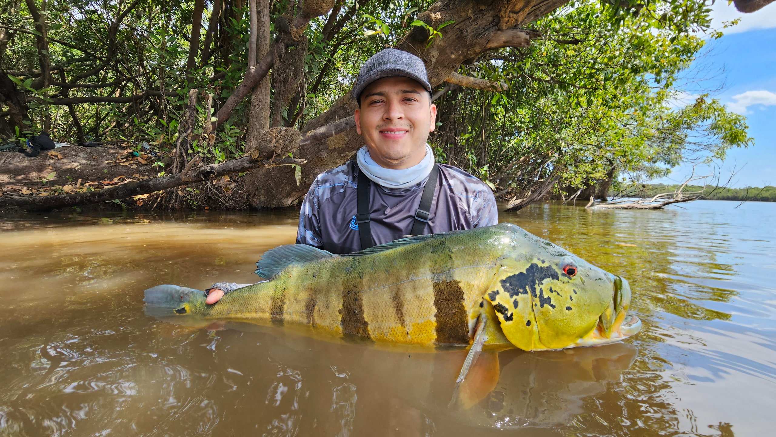 Pescador con un pavón grande, medio sumergido junto a la orilla del río.