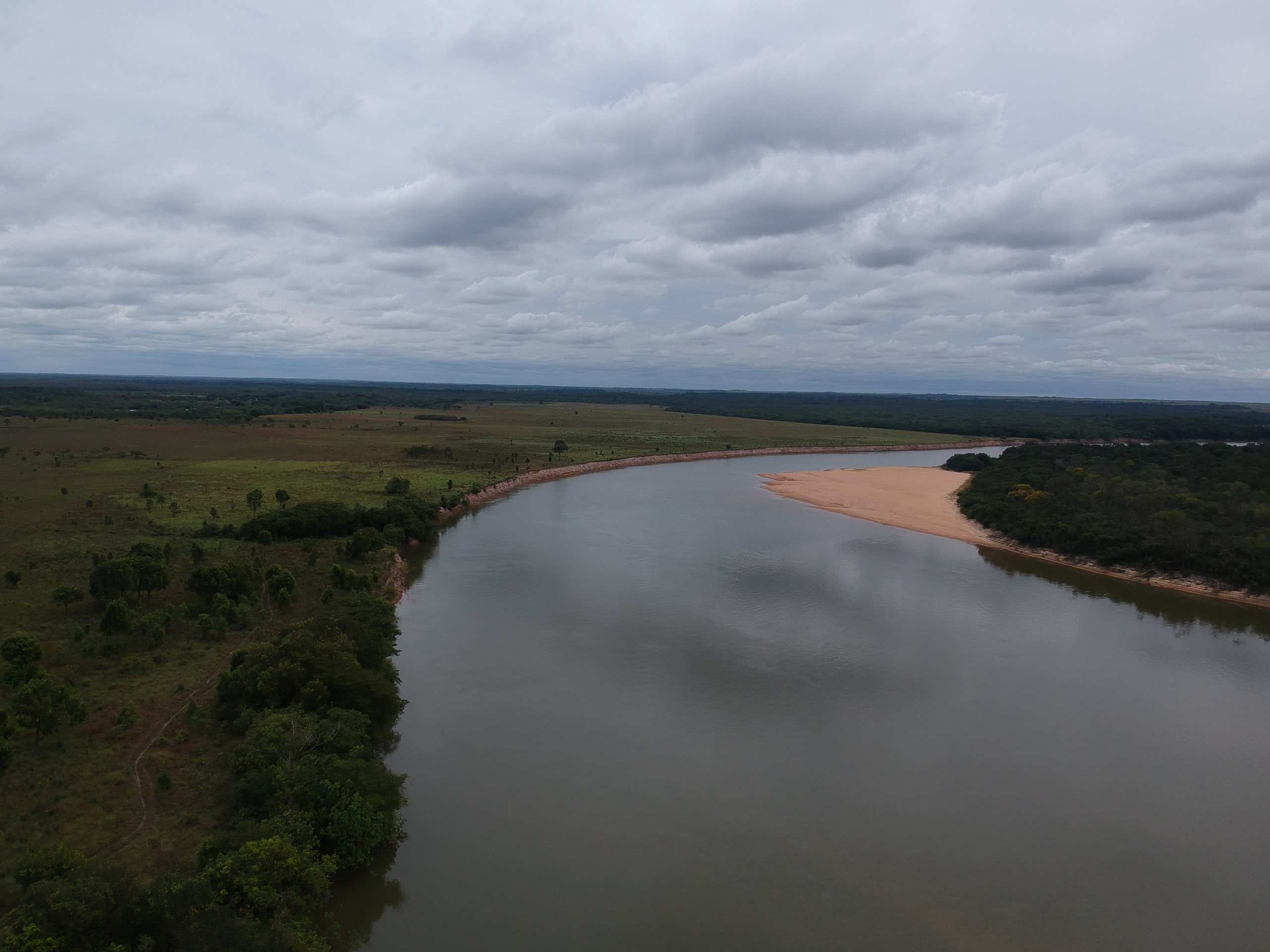 Vista aérea del río Tomo entre el monte y la sabana.