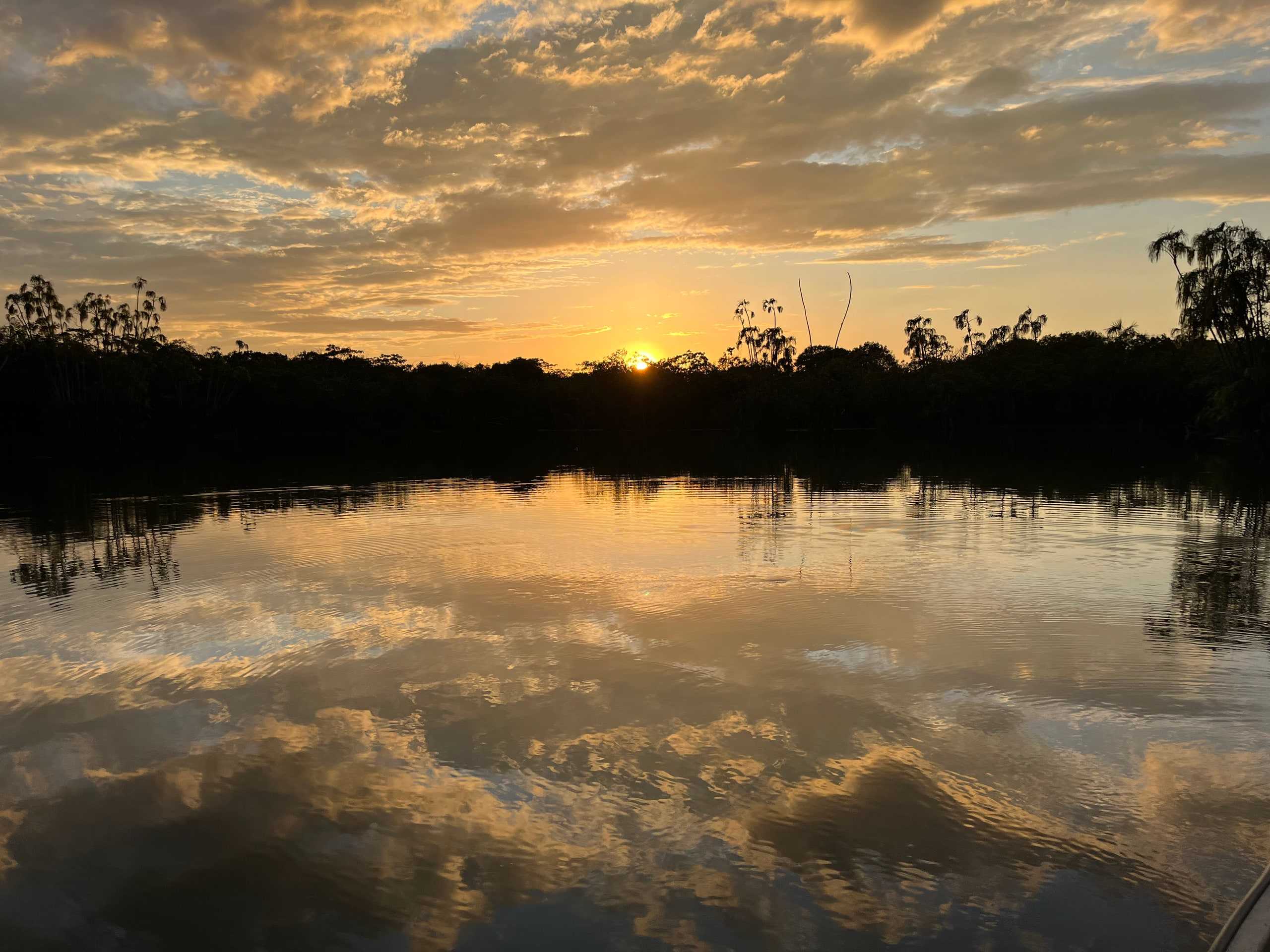 El río Tomo al atardecer: nubes doradas reflejadas en el agua quieta y la línea oscura del monte.