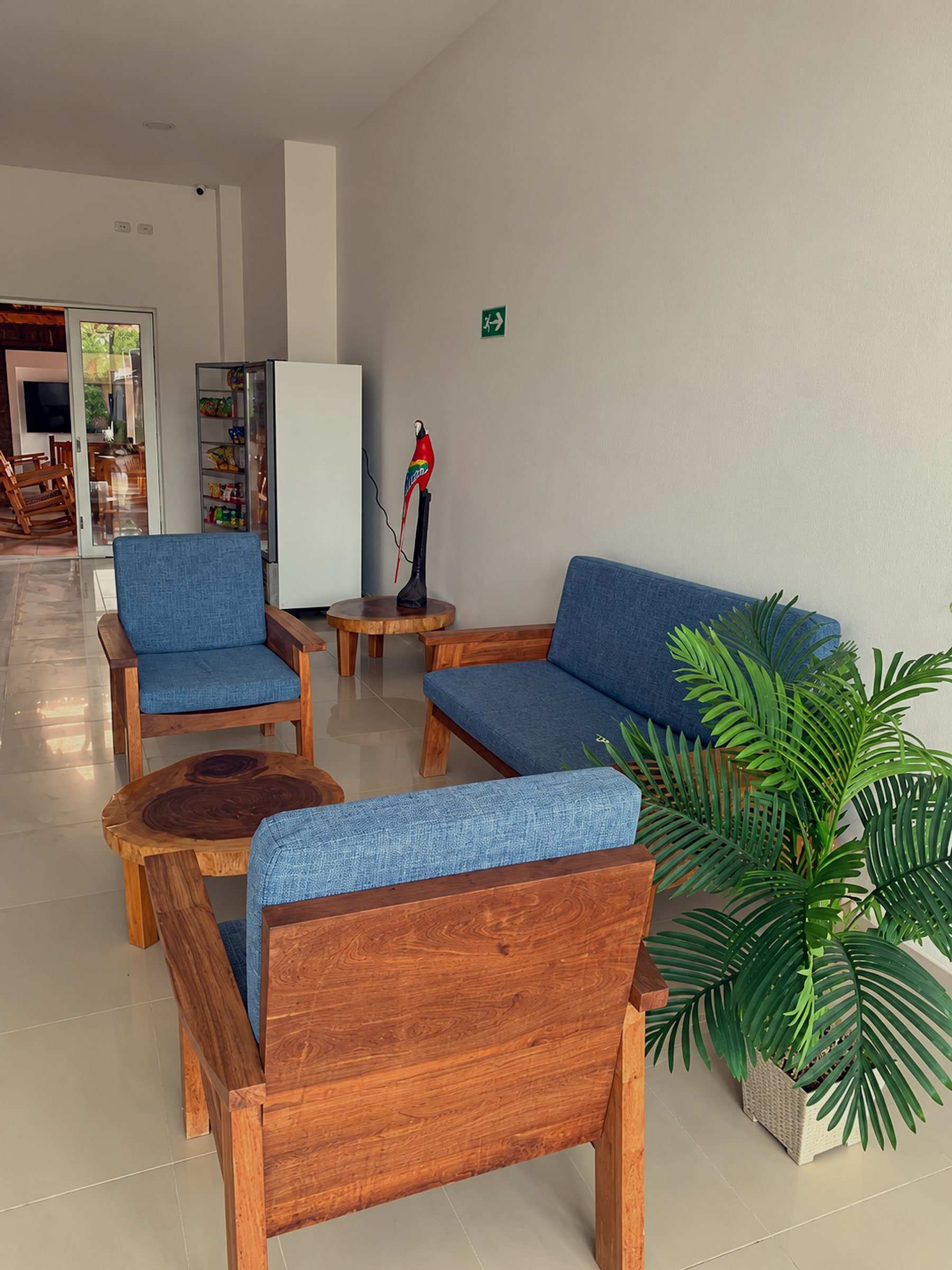 Sala de entrada con sillas de madera y cojines azules, una mesa redonda y una palma en matera.